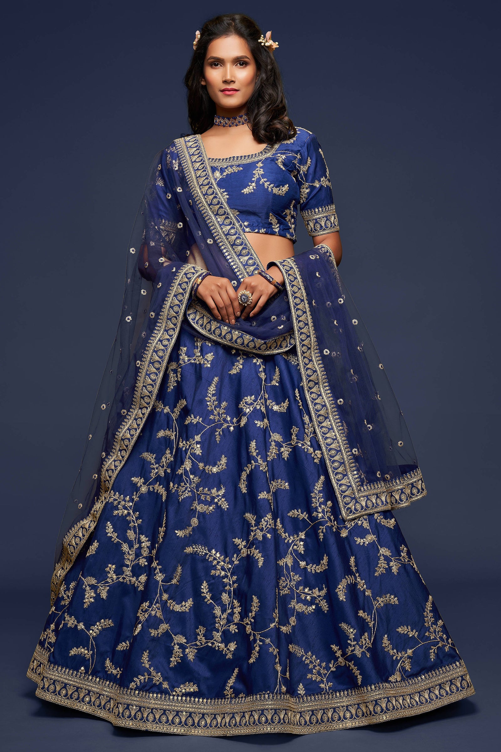 Charming Blue Thread Embroidered Silk Wedding Wear Lehenga Choli ClothsVilla