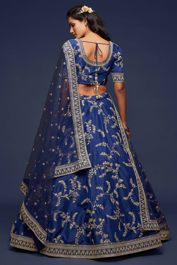 Charming Blue Thread Embroidered Silk Wedding Wear Lehenga Choli ClothsVilla