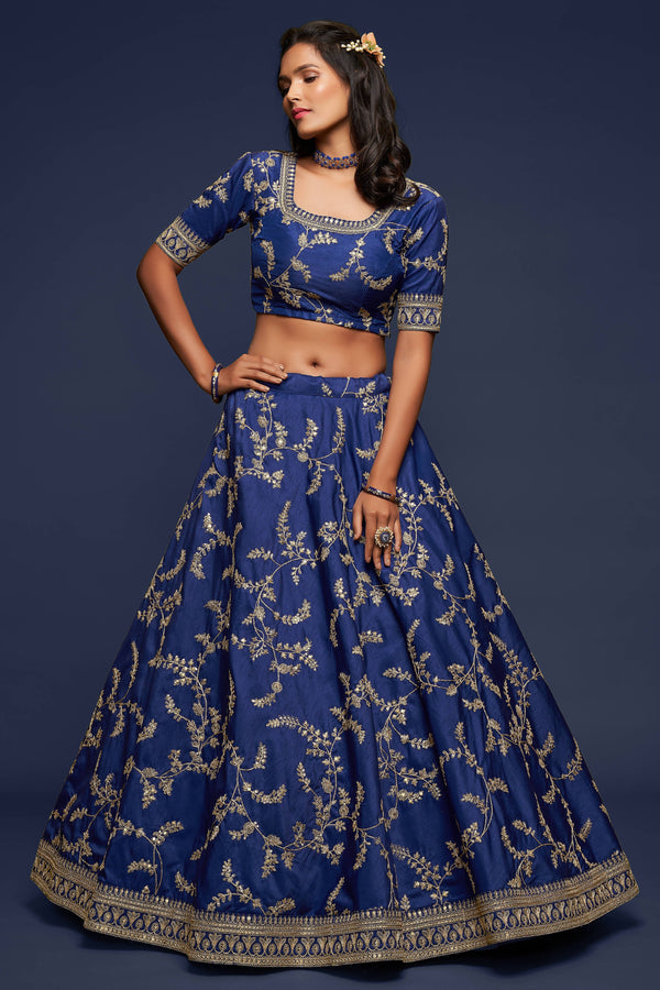 Charming Blue Thread Embroidered Silk Wedding Wear Lehenga Choli ClothsVilla