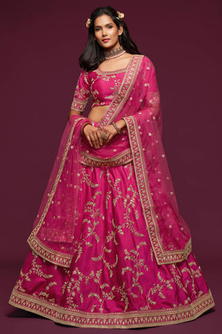 Gorgeous Pink Thread Embroidered Silk Wedding Wear Lehenga Choli ClothsVilla