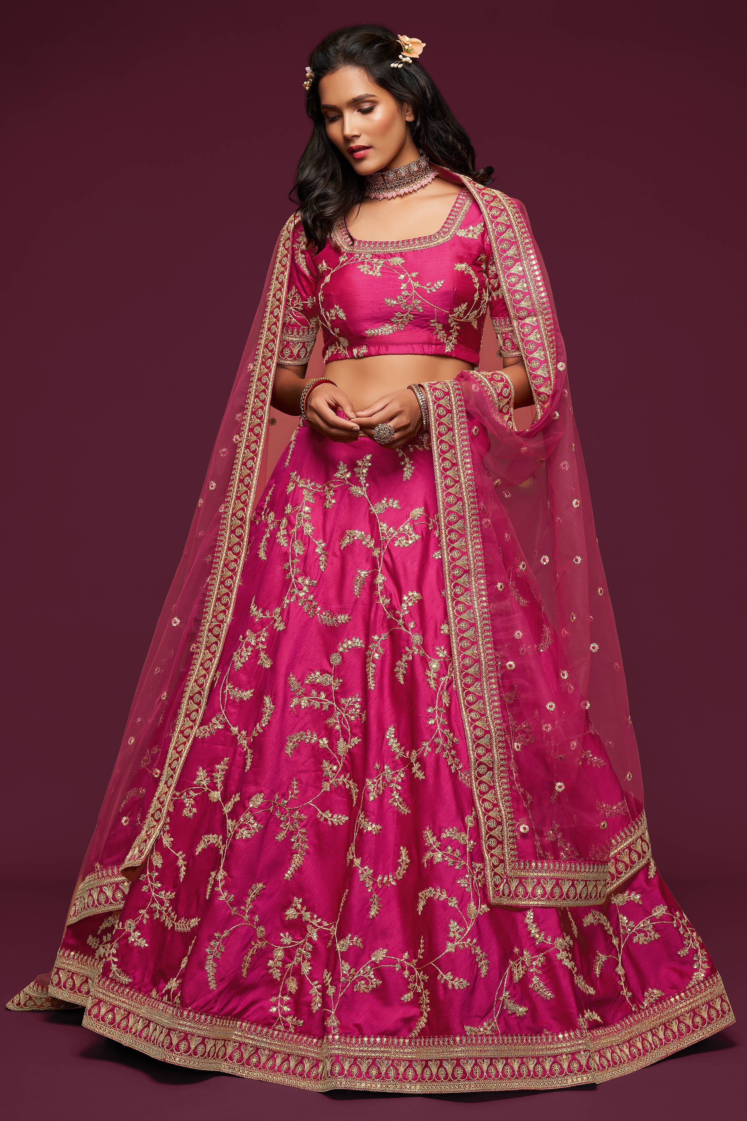 Gorgeous Pink Thread Embroidered Silk Wedding Wear Lehenga Choli Secondary image