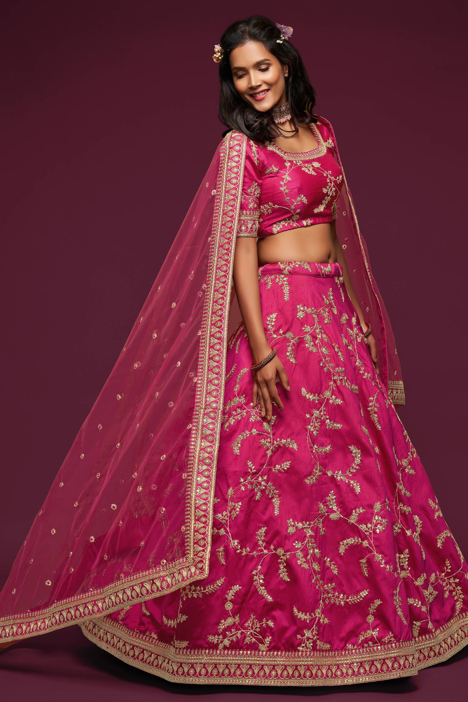 Gorgeous Pink Thread Embroidered Silk Wedding Wear Lehenga Choli ClothsVilla