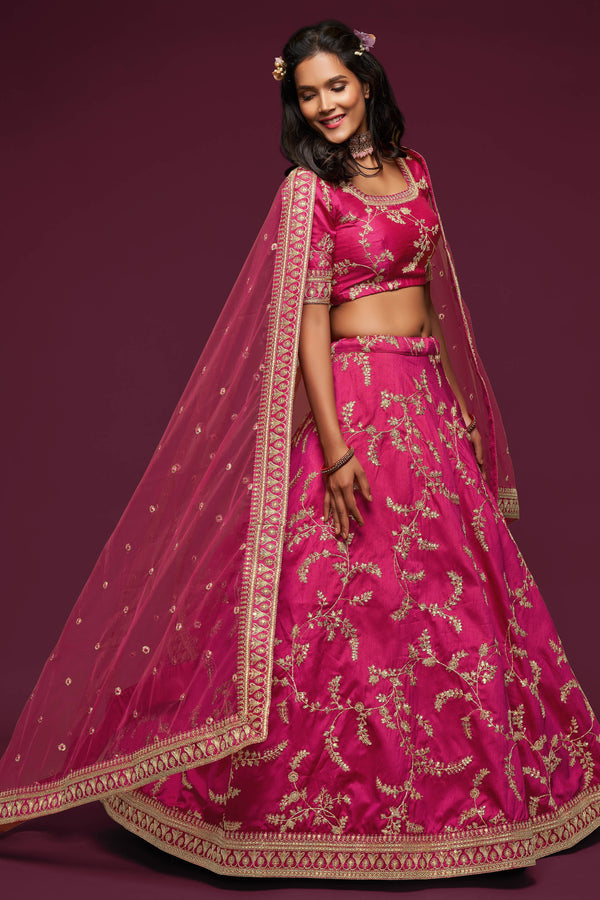 Gorgeous Pink Thread Embroidered Silk Wedding Wear Lehenga Choli ClothsVilla