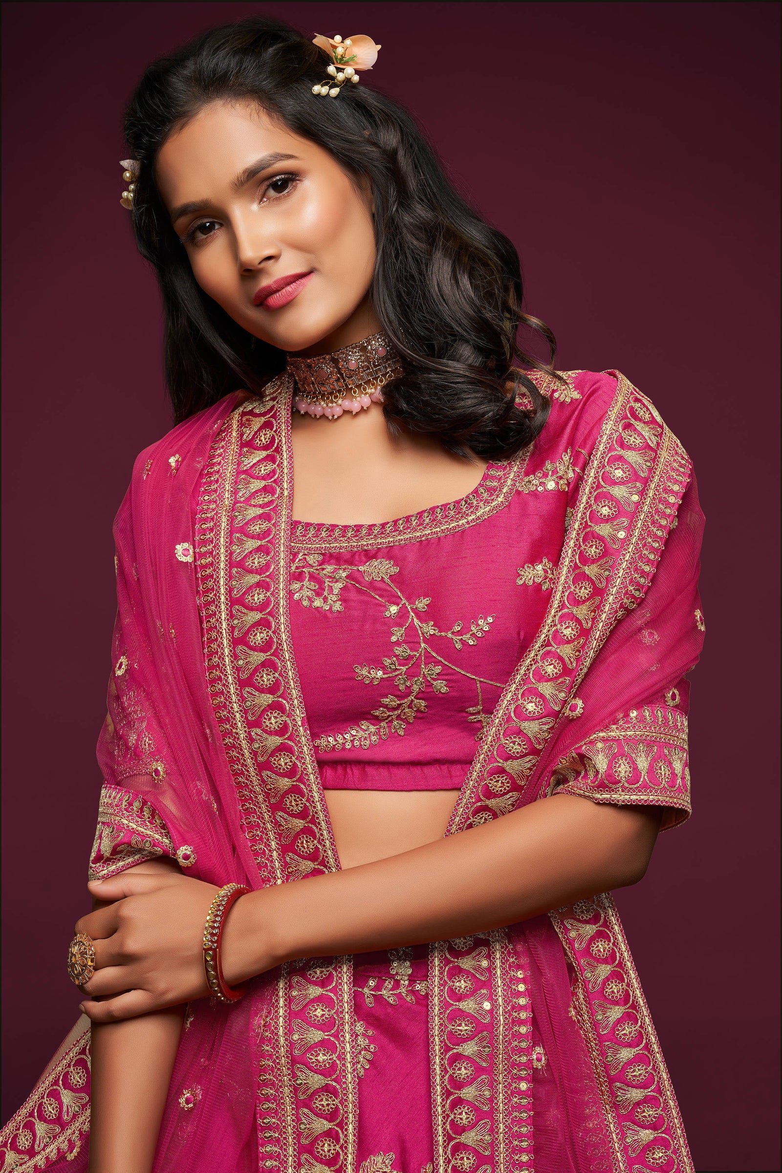 Gorgeous Pink Thread Embroidered Silk Wedding Wear Lehenga Choli ClothsVilla