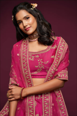 Gorgeous Pink Thread Embroidered Silk Wedding Wear Lehenga Choli ClothsVilla