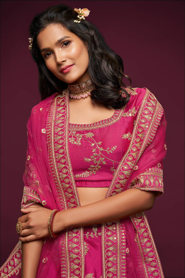 Gorgeous Pink Thread Embroidered Silk Wedding Wear Lehenga Choli ClothsVilla