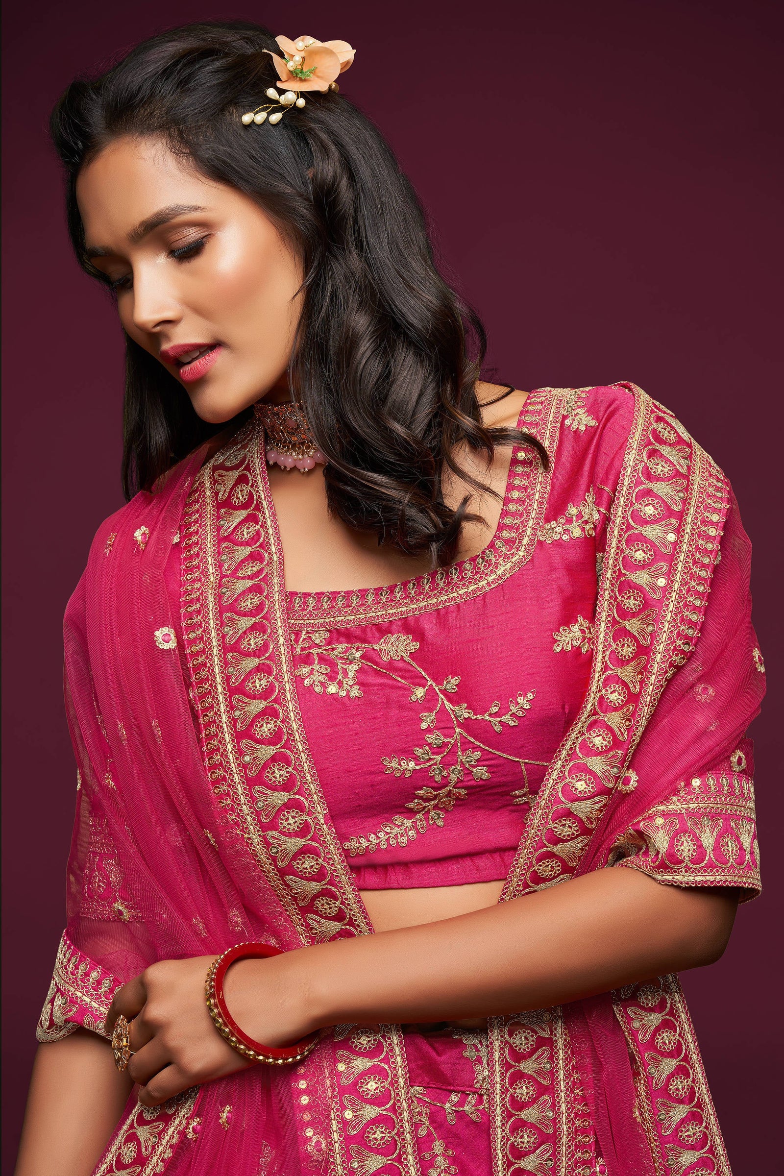 Gorgeous Pink Thread Embroidered Silk Wedding Wear Lehenga Choli ClothsVilla