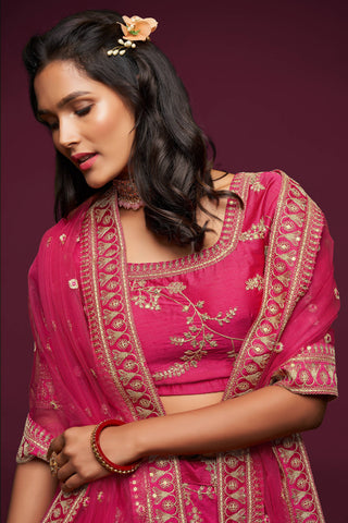 Gorgeous Pink Thread Embroidered Silk Wedding Wear Lehenga Choli ClothsVilla