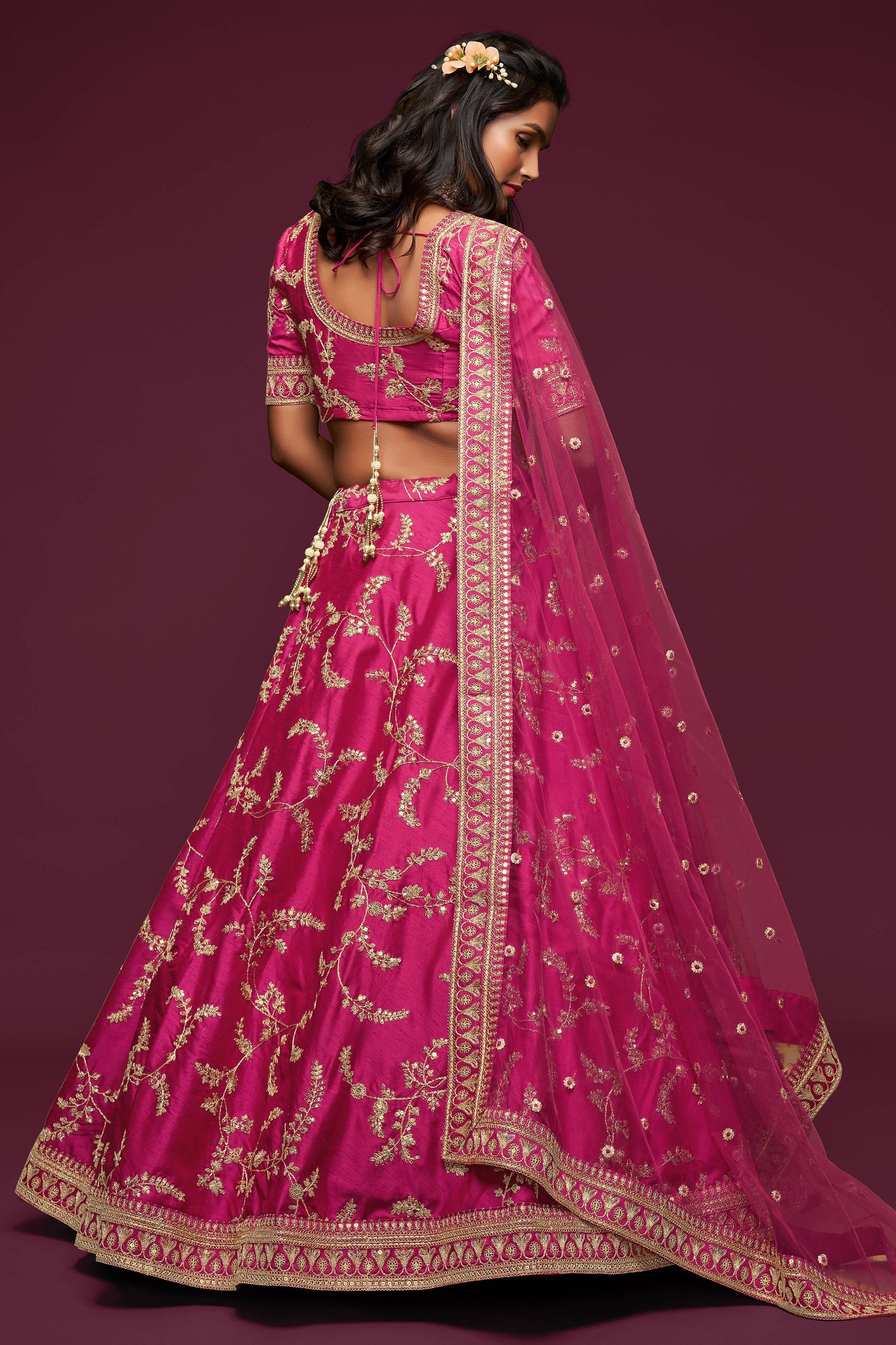 Gorgeous Pink Thread Embroidered Silk Wedding Wear Lehenga Choli ClothsVilla