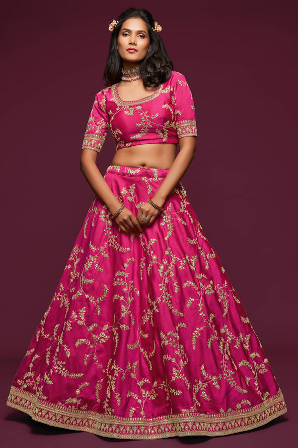 Gorgeous Pink Thread Embroidered Silk Wedding Wear Lehenga Choli ClothsVilla