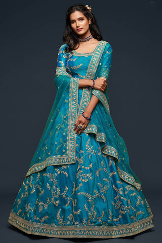Wonderful Teal Blue Thread Embroidered Silk Wedding Wear Lehenga Choli ClothsVilla