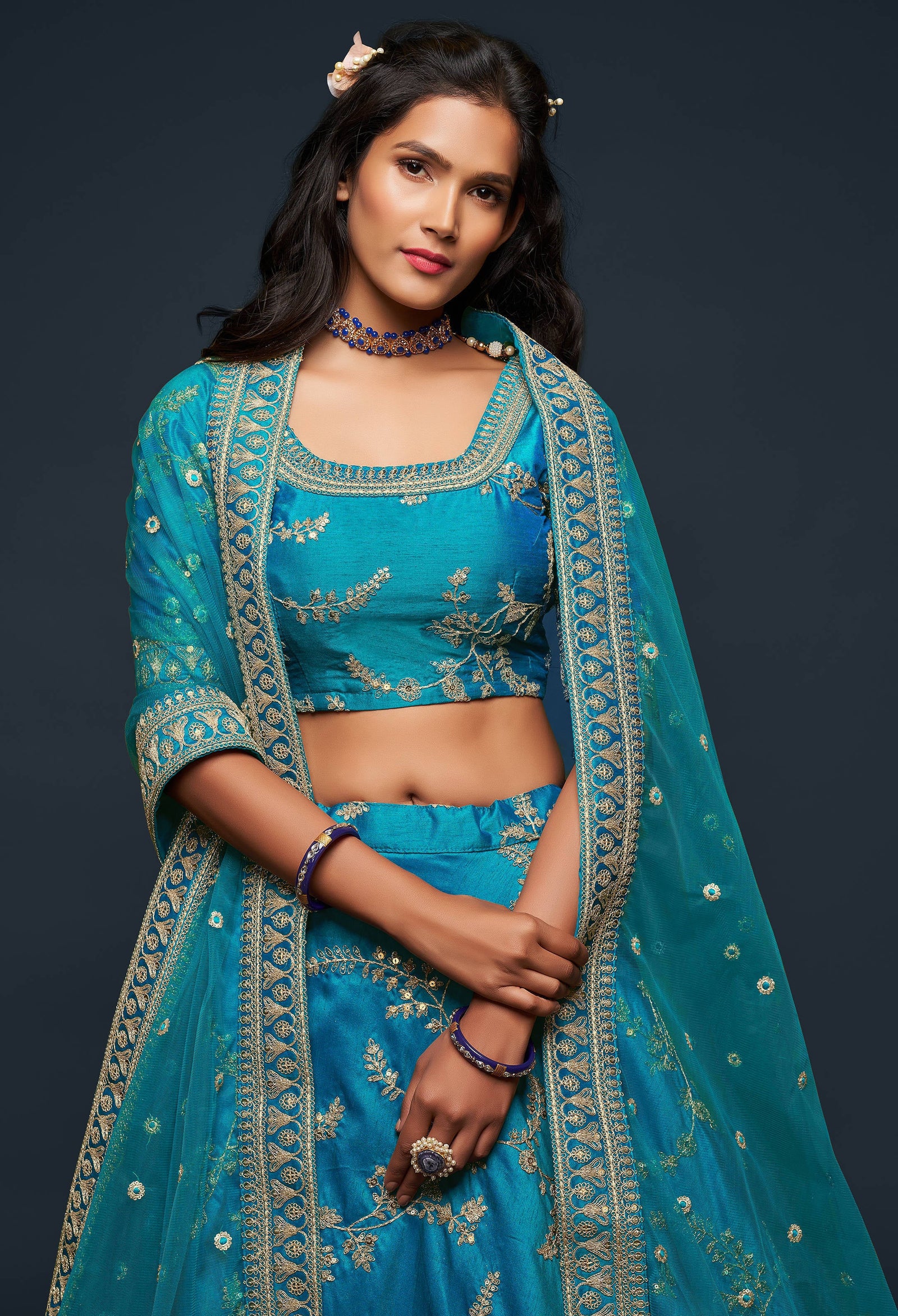 Wonderful Teal Blue Thread Embroidered Silk Wedding Wear Lehenga Choli ClothsVilla