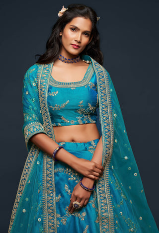 Wonderful Teal Blue Thread Embroidered Silk Wedding Wear Lehenga Choli ClothsVilla