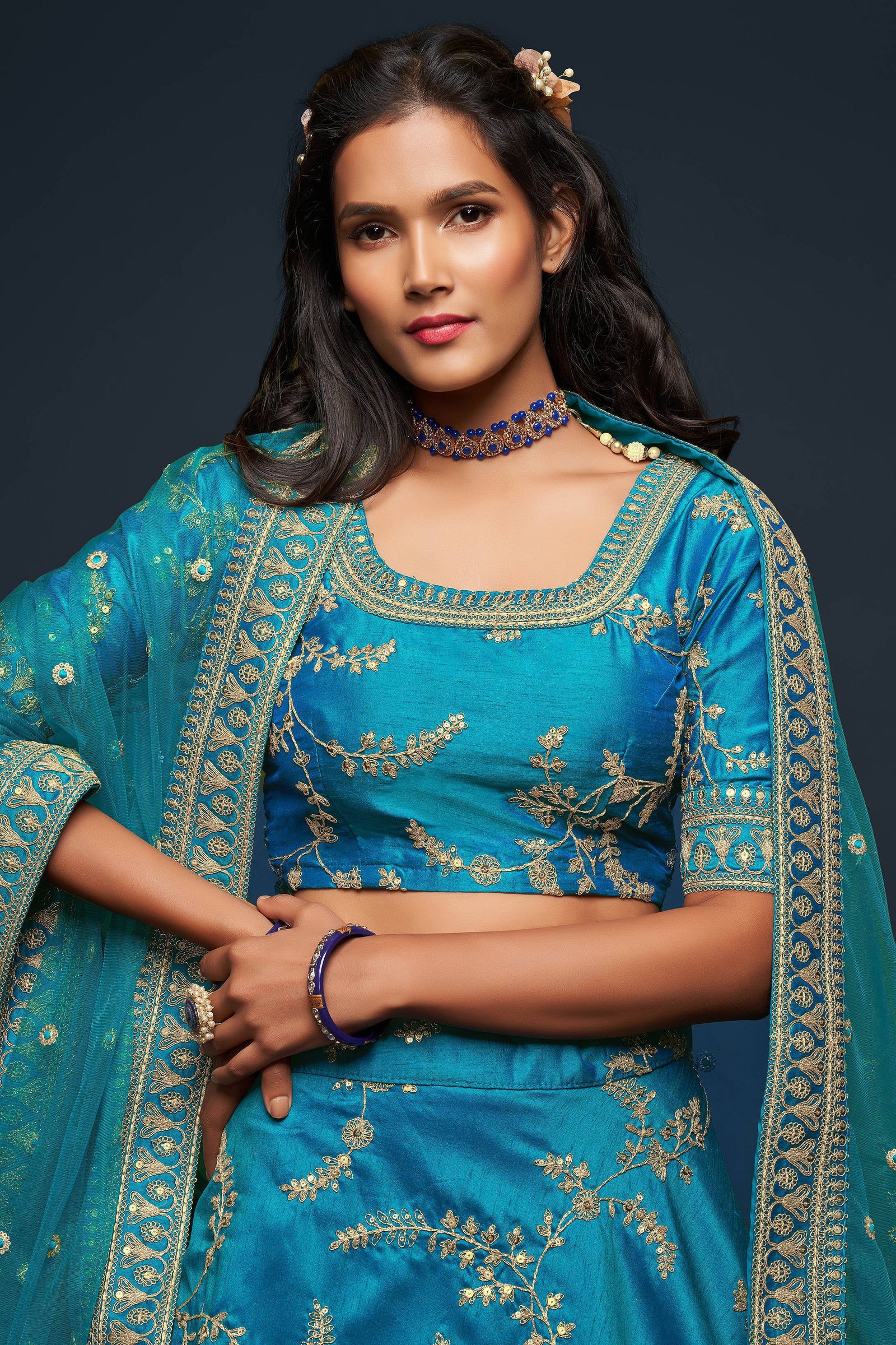 Wonderful Teal Blue Thread Embroidered Silk Wedding Wear Lehenga Choli ClothsVilla
