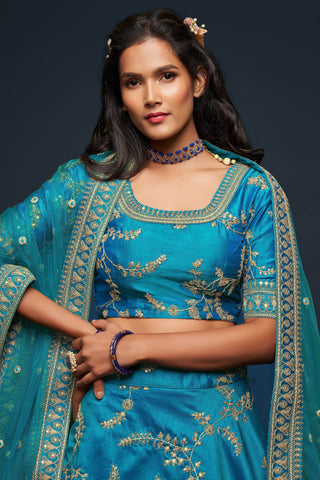 Wonderful Teal Blue Thread Embroidered Silk Wedding Wear Lehenga Choli ClothsVilla