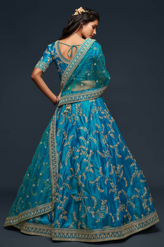 Wonderful Teal Blue Thread Embroidered Silk Wedding Wear Lehenga Choli ClothsVilla