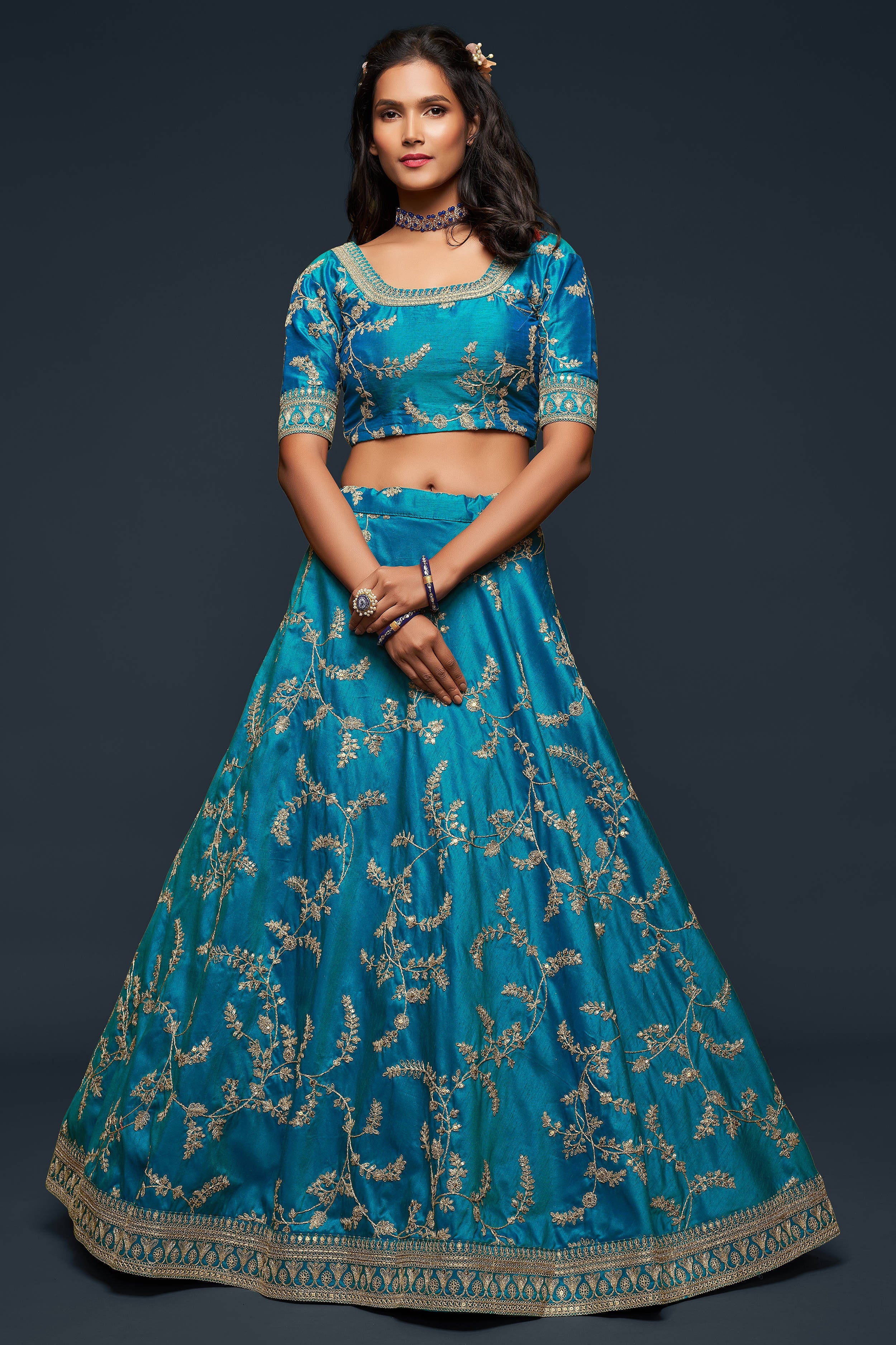 Wonderful Teal Blue Thread Embroidered Silk Wedding Wear Lehenga Choli Secondary image