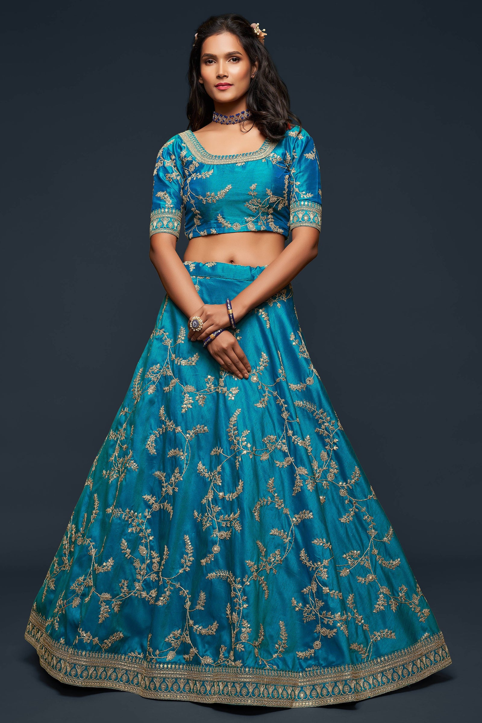 Wonderful Teal Blue Thread Embroidered Silk Wedding Wear Lehenga Choli ClothsVilla