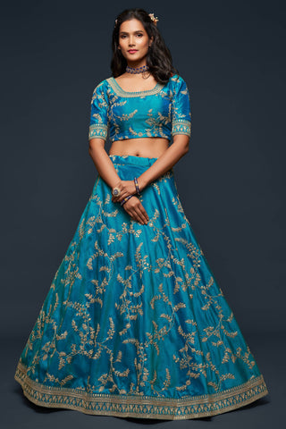 Wonderful Teal Blue Thread Embroidered Silk Wedding Wear Lehenga Choli ClothsVilla