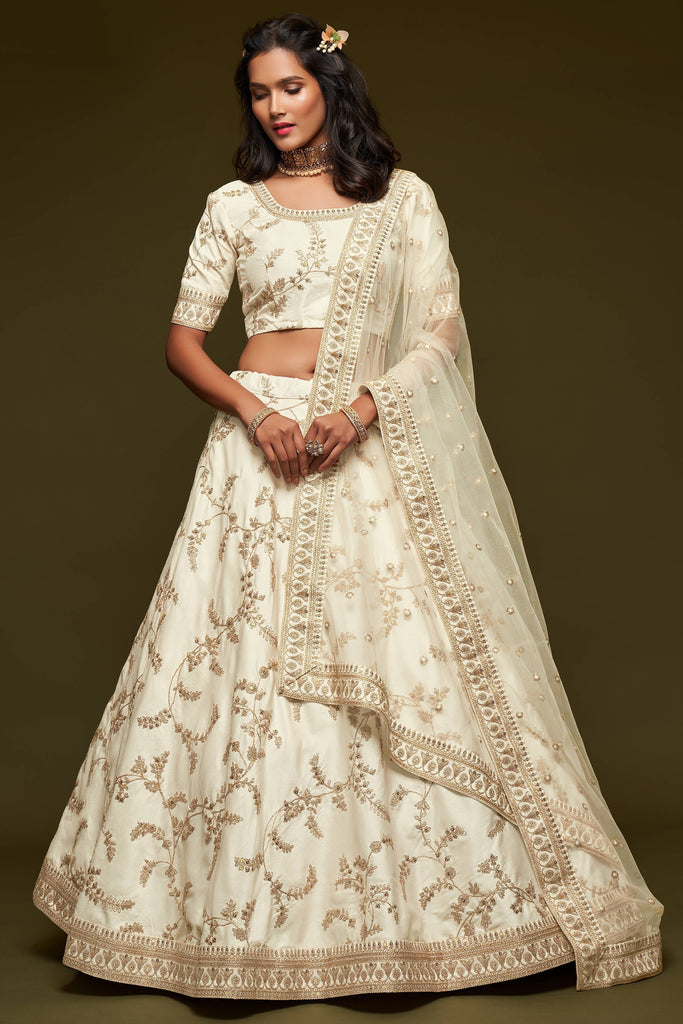 Beautiful White Thread Embroidered Silk Wedding Wear Lehenga Choli ClothsVilla
