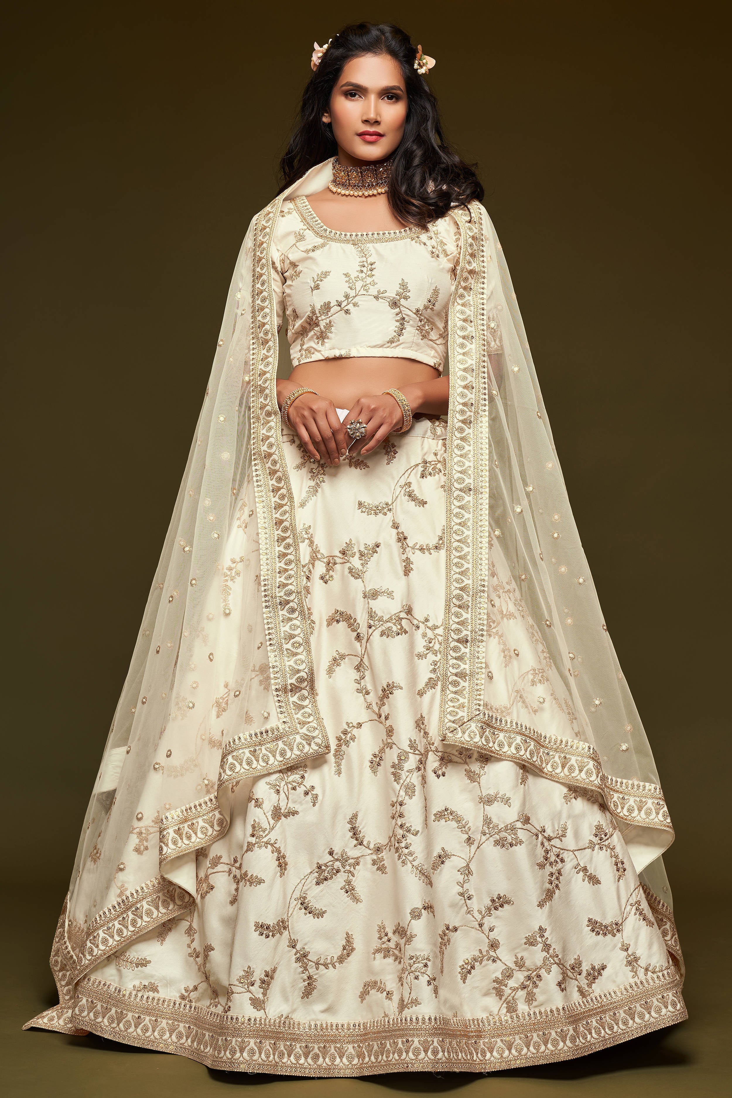 Beautiful White Thread Embroidered Silk Wedding Wear Lehenga Choli Secondary image