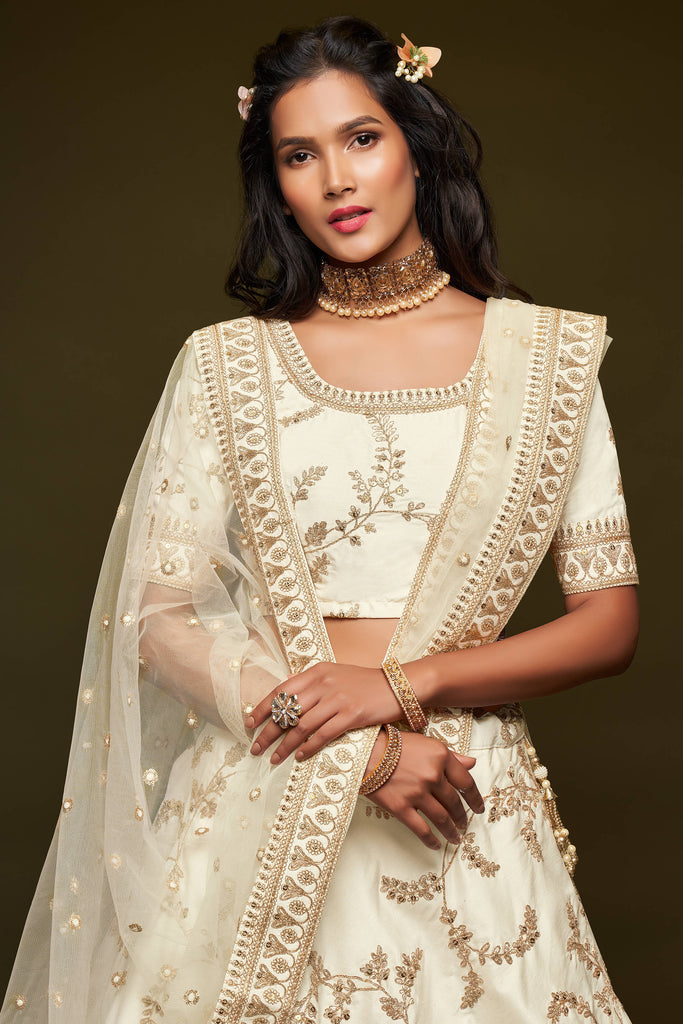 Beautiful White Thread Embroidered Silk Wedding Wear Lehenga Choli ClothsVilla