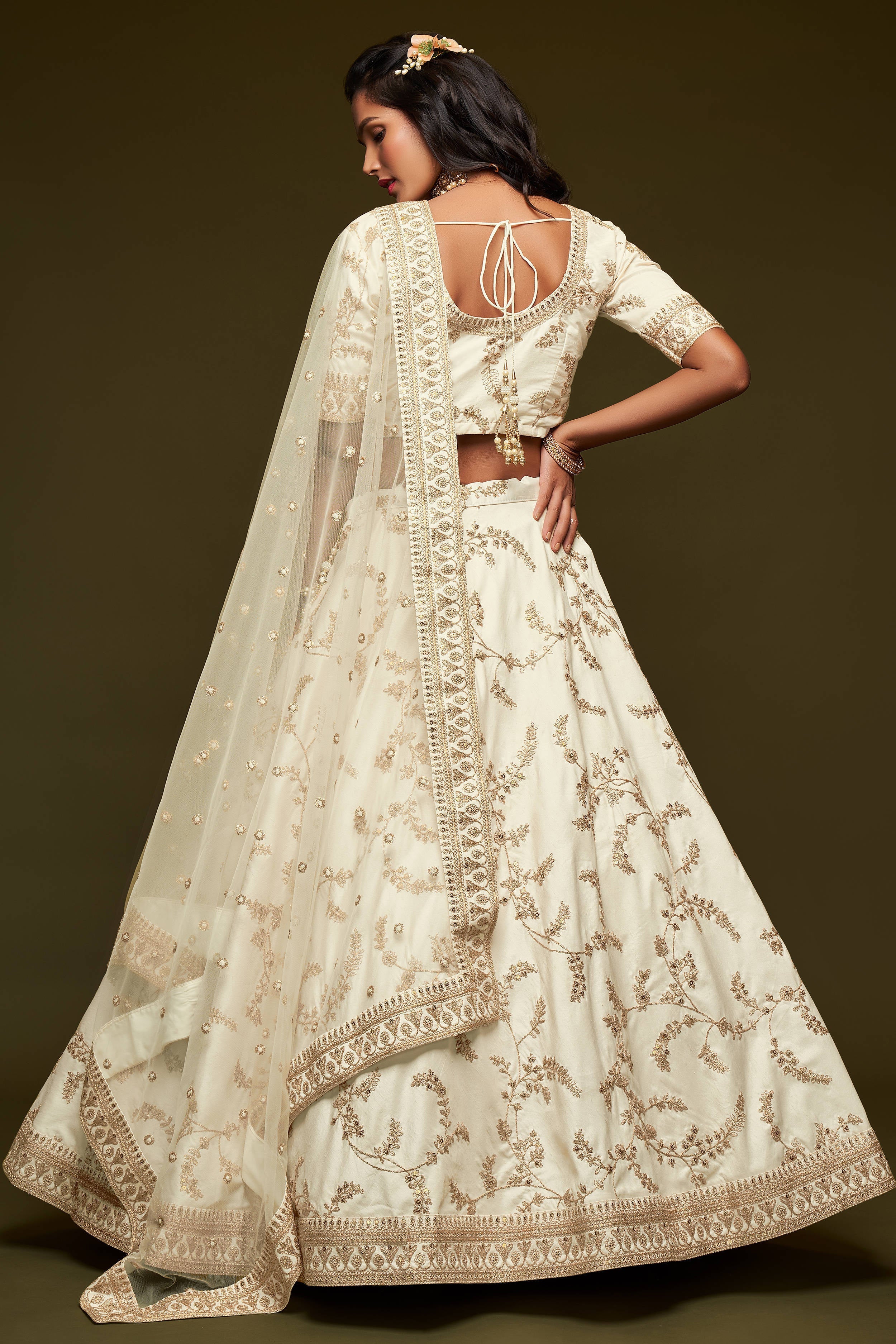 Beautiful White Thread Embroidered Silk Wedding Wear Lehenga Choli ClothsVilla