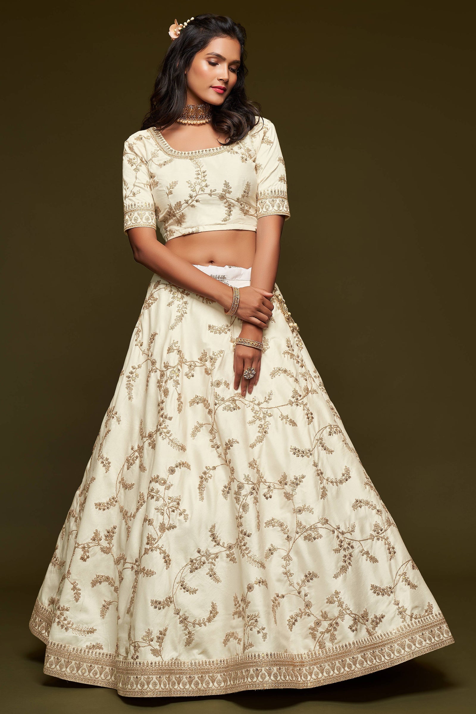 Beautiful White Thread Embroidered Silk Wedding Wear Lehenga Choli ClothsVilla