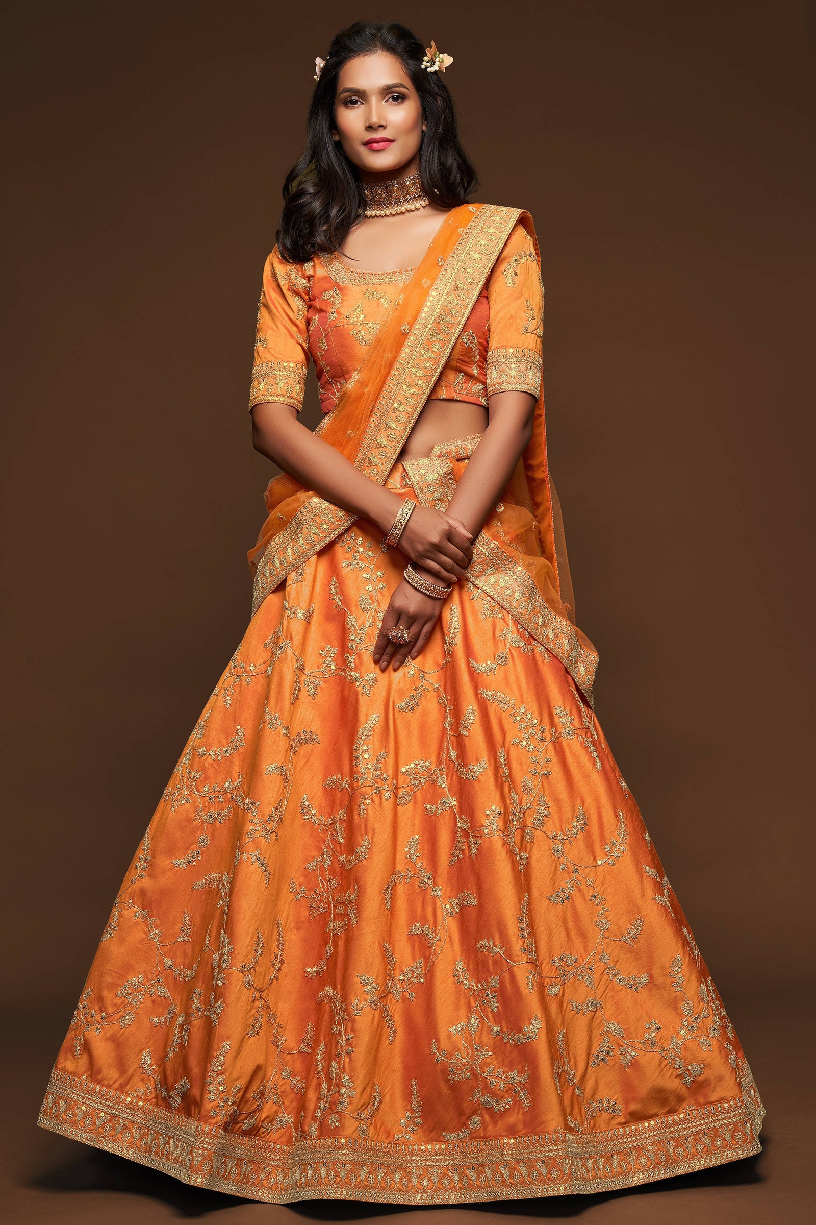 Attractive Orange Thread Embroidered Silk Wedding Wear Lehenga Choli ClothsVilla