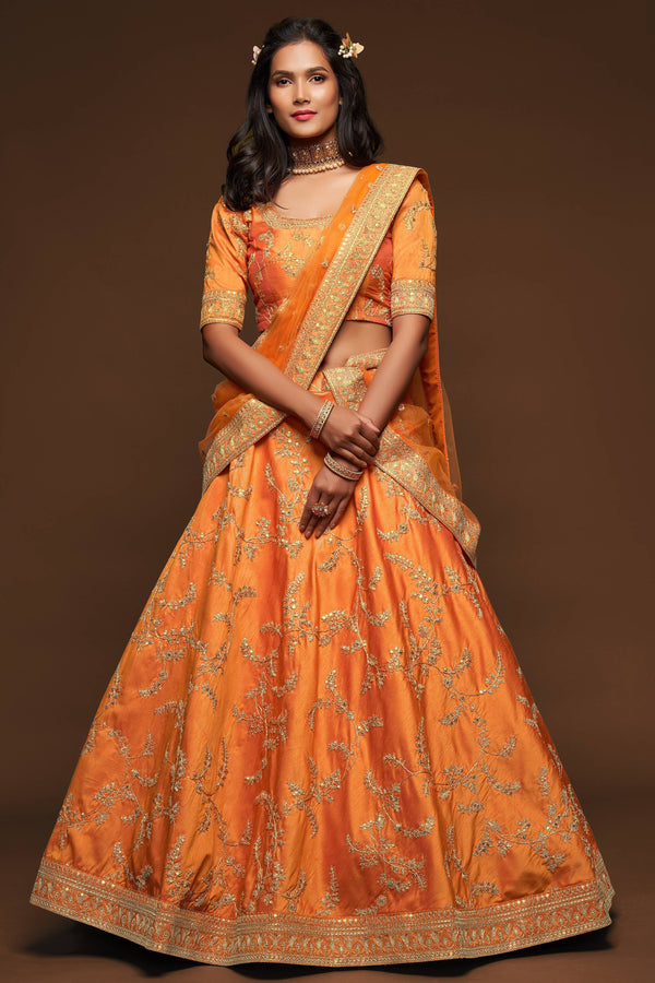 Attractive Orange Thread Embroidered Silk Wedding Wear Lehenga Choli ClothsVilla