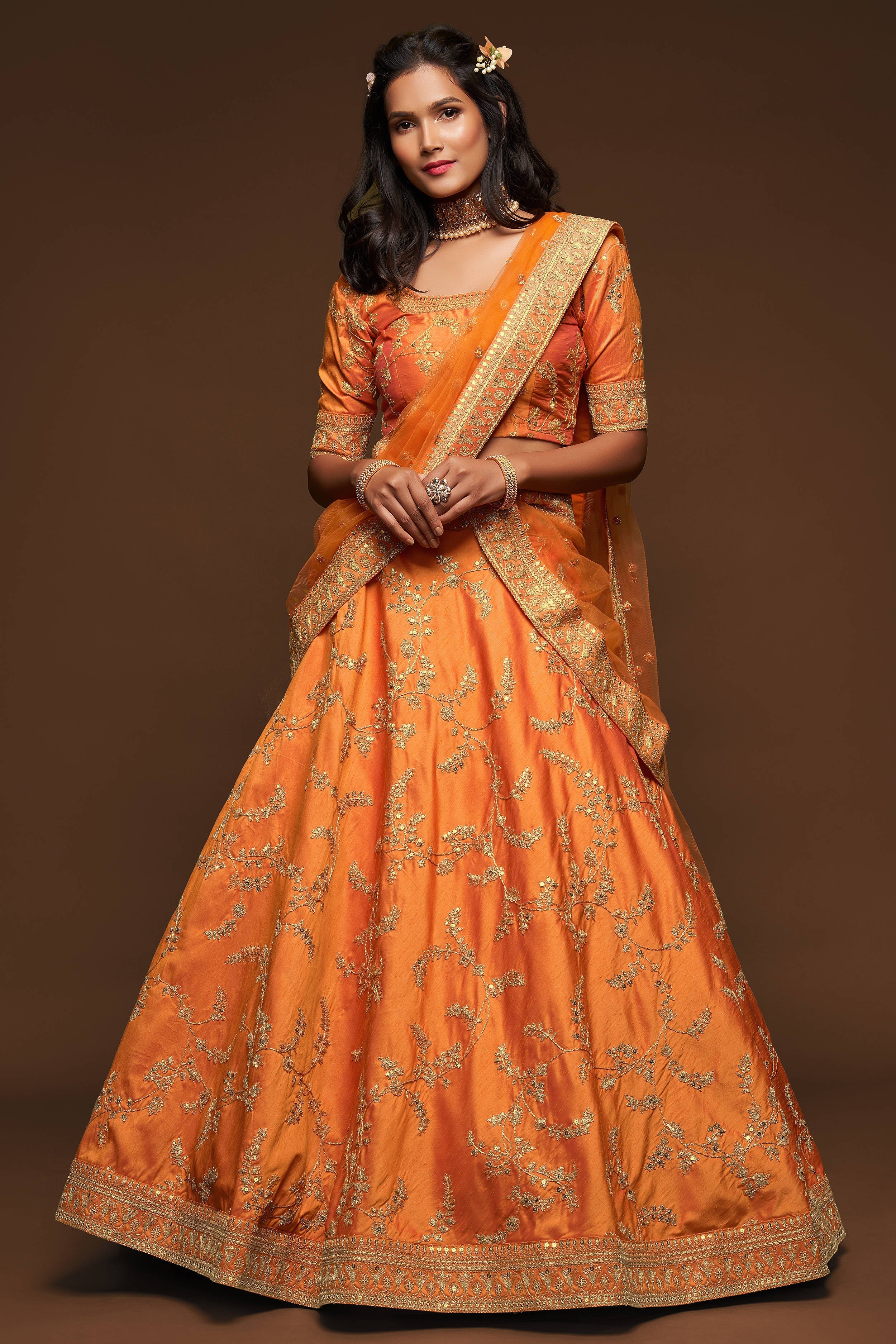 Attractive Orange Thread Embroidered Silk Wedding Wear Lehenga Choli Secondary image