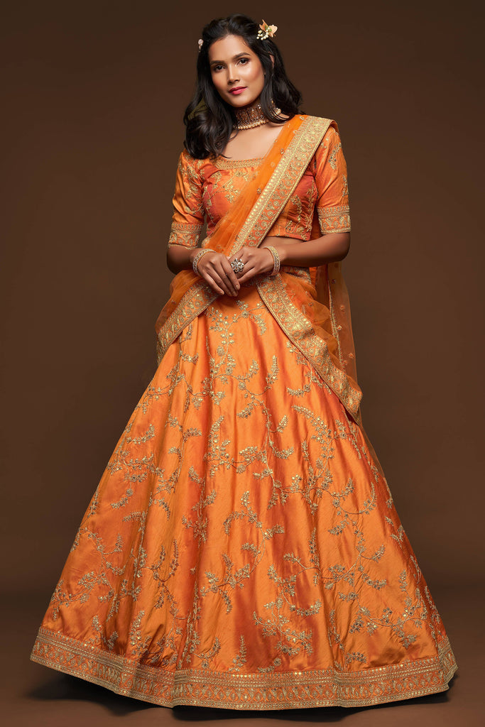 Attractive Orange Thread Embroidered Silk Wedding Wear Lehenga Choli ClothsVilla