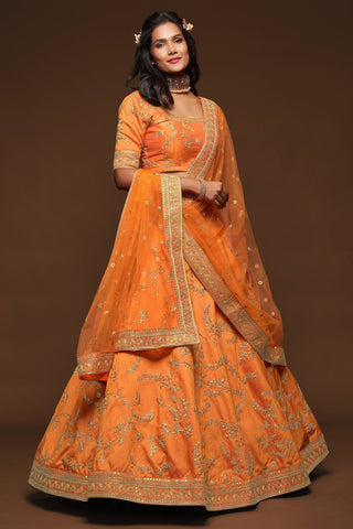 Attractive Orange Thread Embroidered Silk Wedding Wear Lehenga Choli ClothsVilla