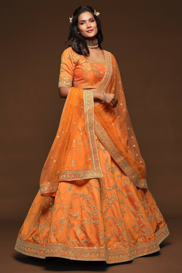 Attractive Orange Thread Embroidered Silk Wedding Wear Lehenga Choli ClothsVilla