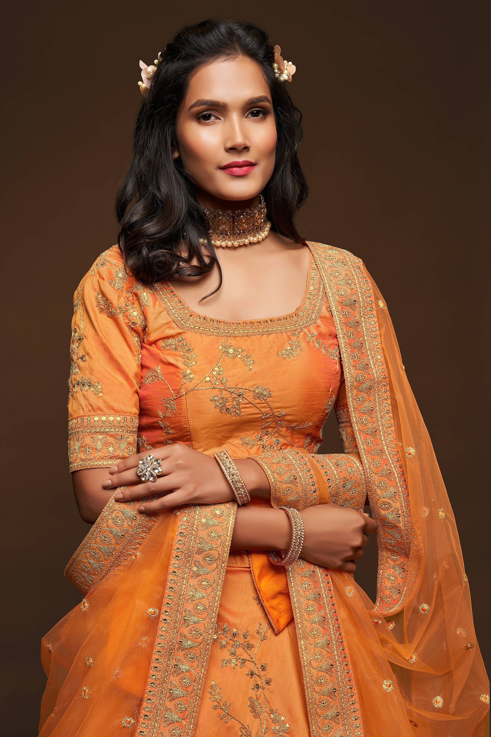 Attractive Orange Thread Embroidered Silk Wedding Wear Lehenga Choli ClothsVilla