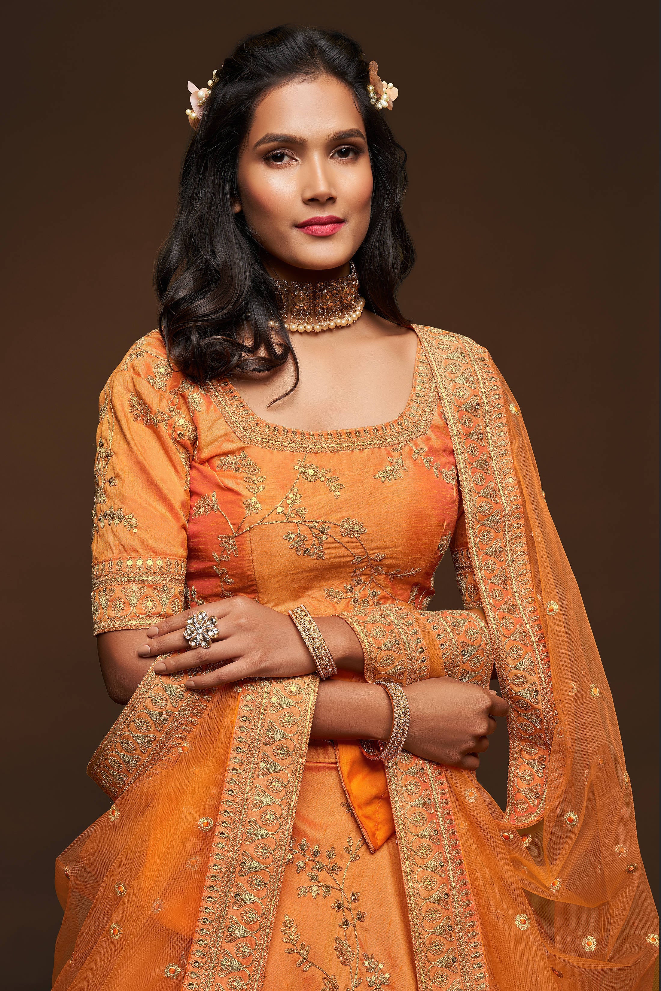 Attractive Orange Thread Embroidered Silk Wedding Wear Lehenga Choli ClothsVilla