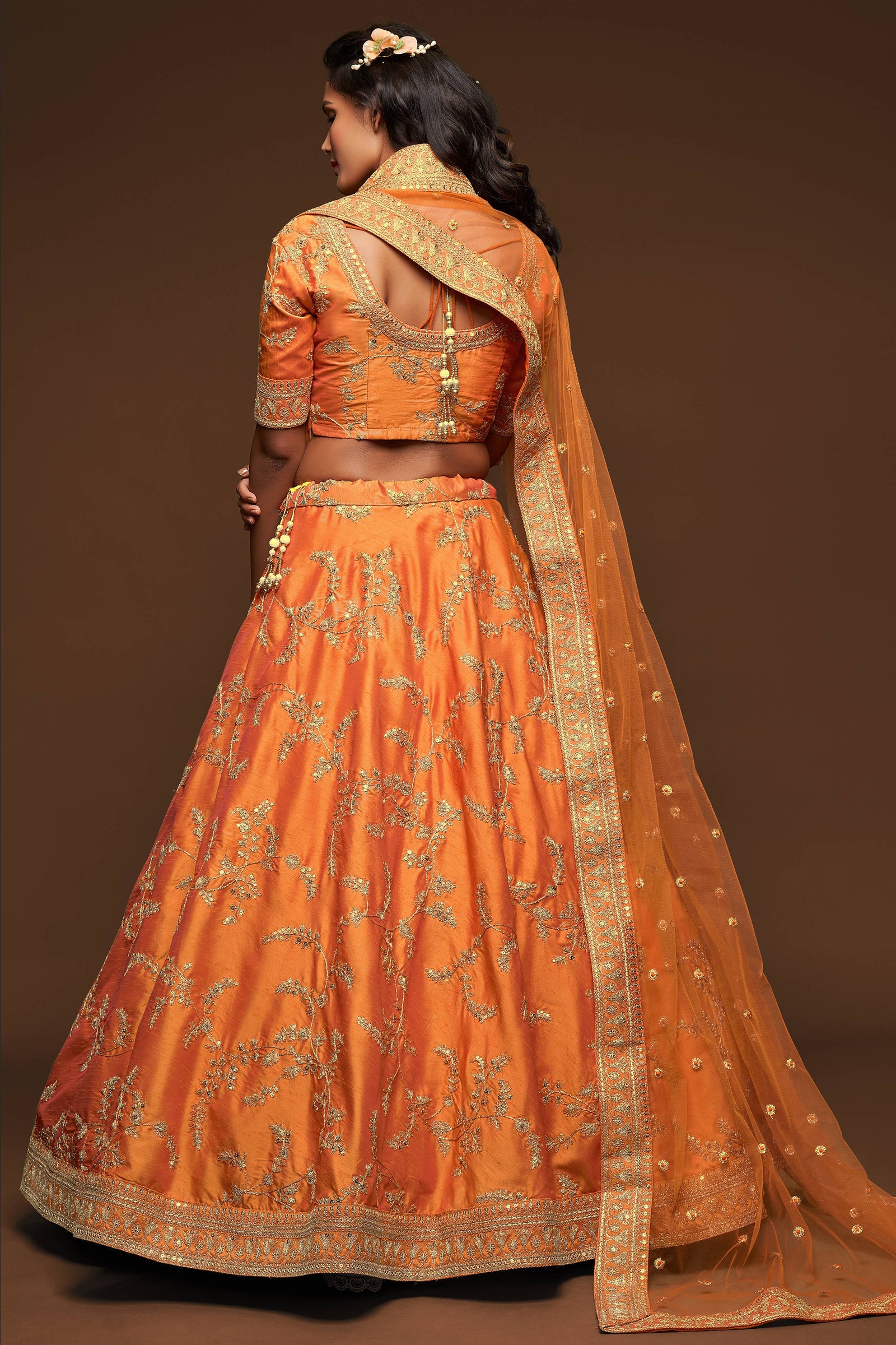 Attractive Orange Thread Embroidered Silk Wedding Wear Lehenga Choli ClothsVilla