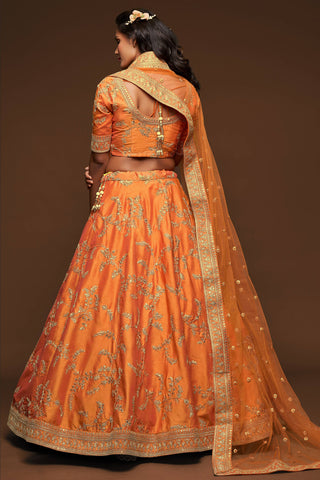 Attractive Orange Thread Embroidered Silk Wedding Wear Lehenga Choli ClothsVilla