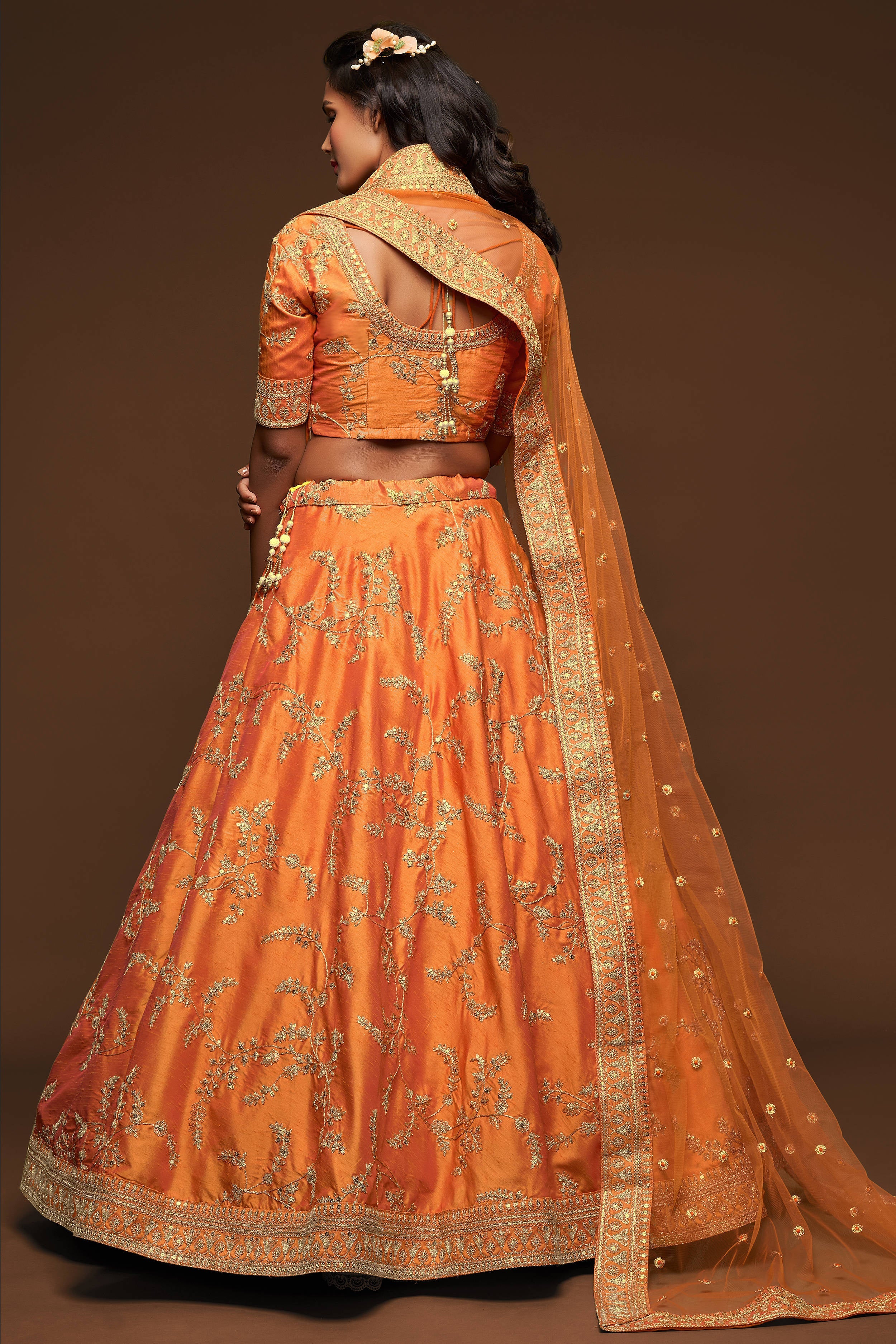 Attractive Orange Thread Embroidered Silk Wedding Wear Lehenga Choli ClothsVilla