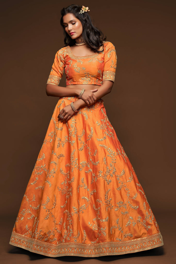Attractive Orange Thread Embroidered Silk Wedding Wear Lehenga Choli ClothsVilla
