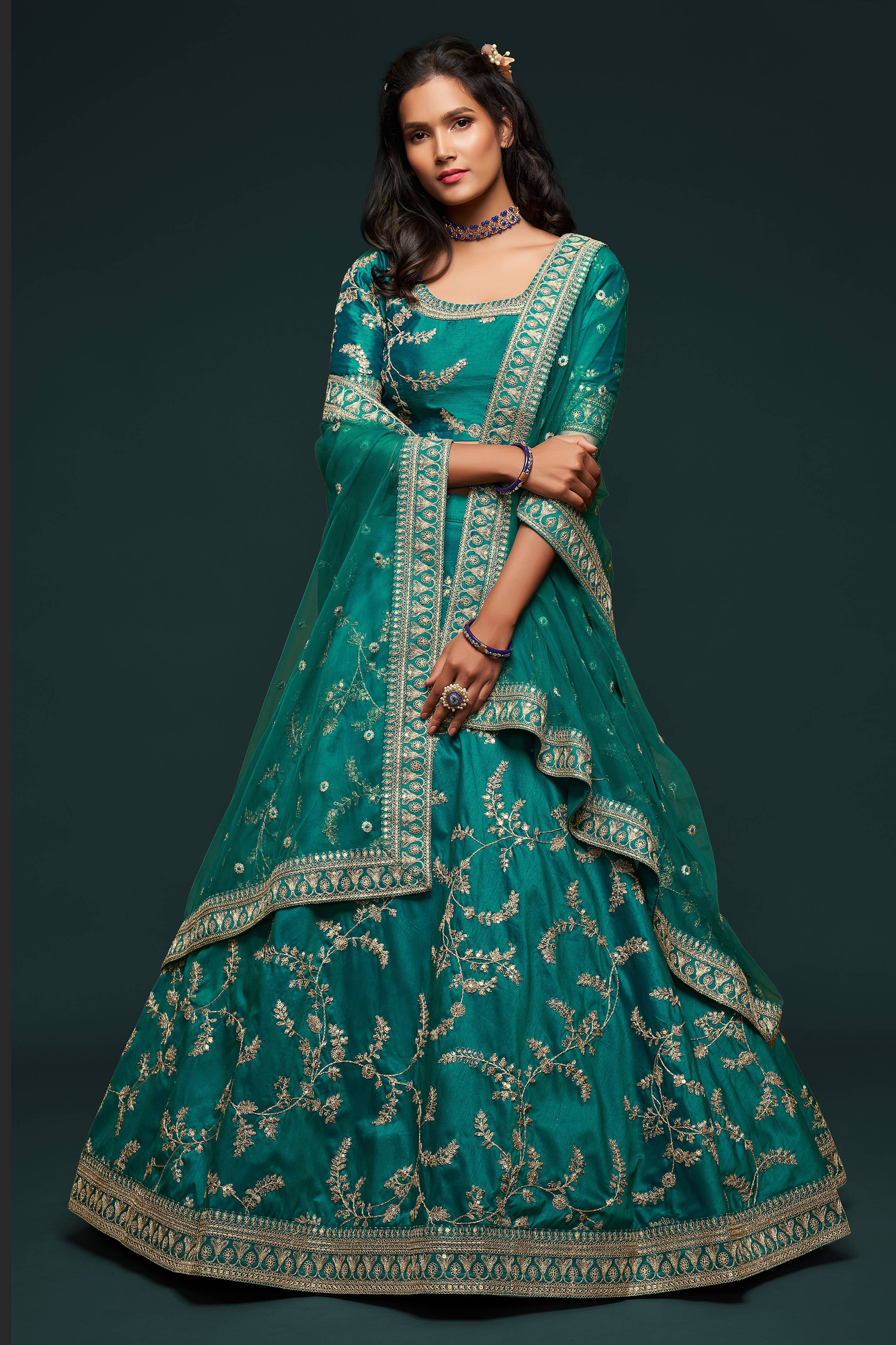 Classic Green Thread Embroidered Silk Wedding Wear Lehenga Choli ClothsVilla Main image