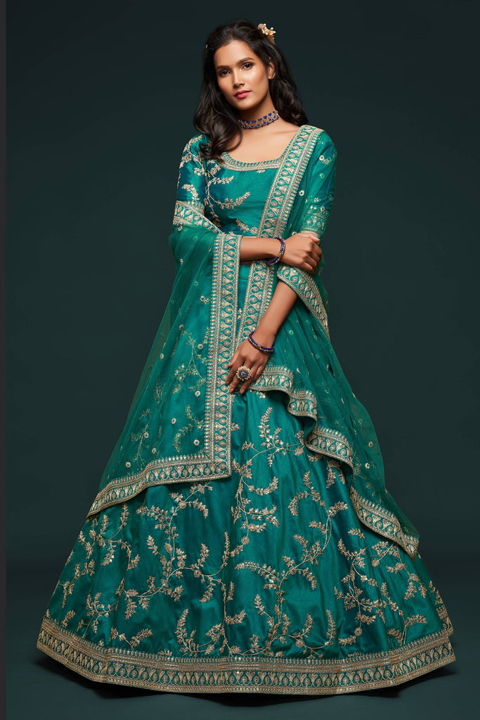 Classic Green Thread Embroidered Silk Wedding Wear Lehenga Choli ClothsVilla