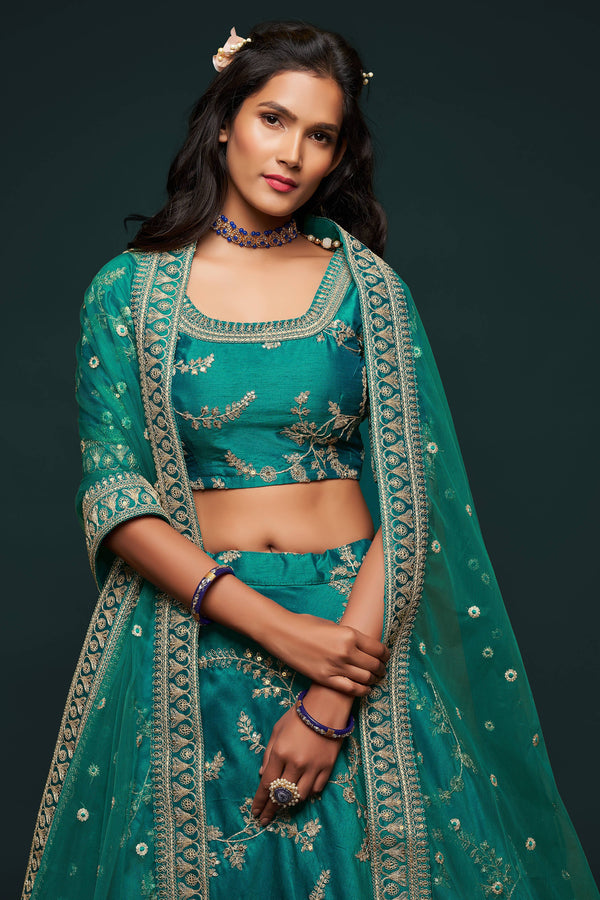 Classic Green Thread Embroidered Silk Wedding Wear Lehenga Choli ClothsVilla