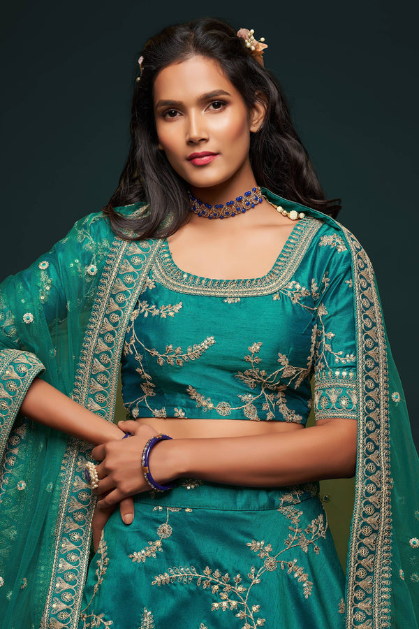 Classic Green Thread Embroidered Silk Wedding Wear Lehenga Choli ClothsVilla