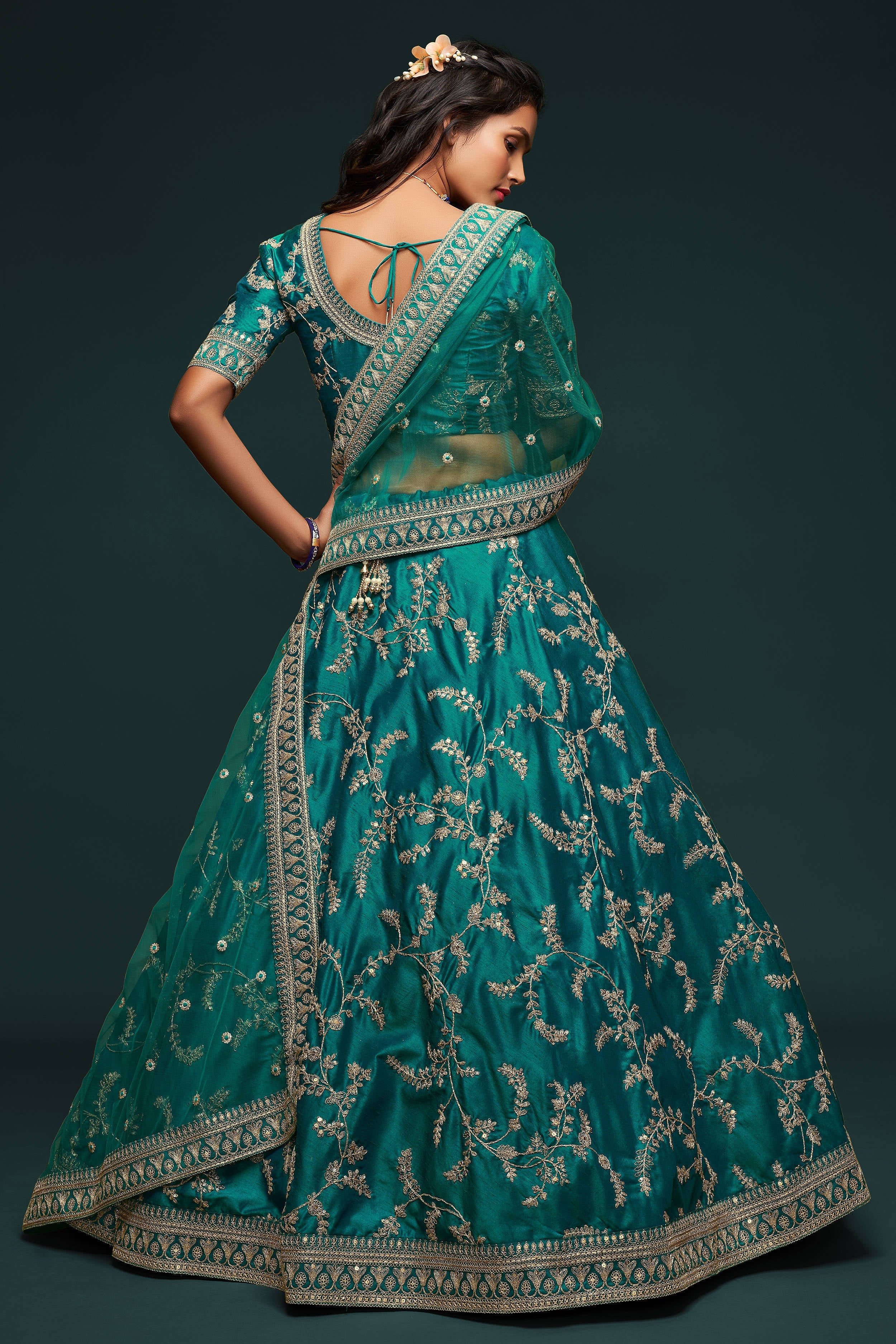 Classic Green Thread Embroidered Silk Wedding Wear Lehenga Choli ClothsVilla