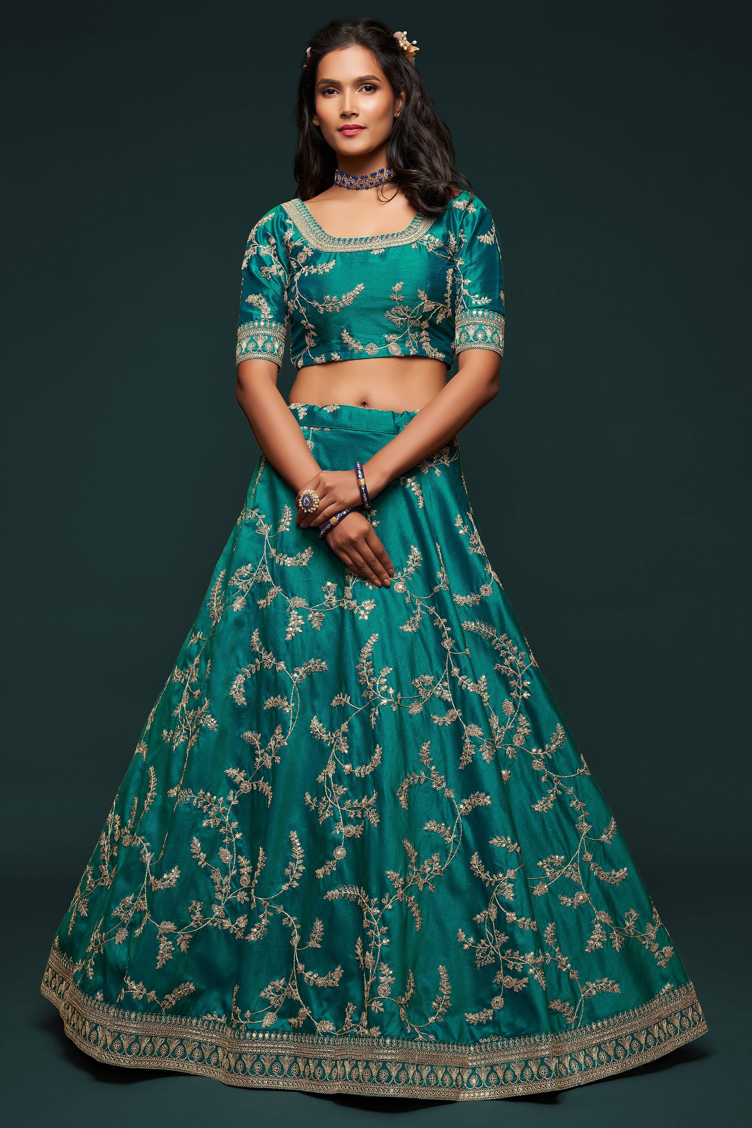 Classic Green Thread Embroidered Silk Wedding Wear Lehenga Choli Secondary image