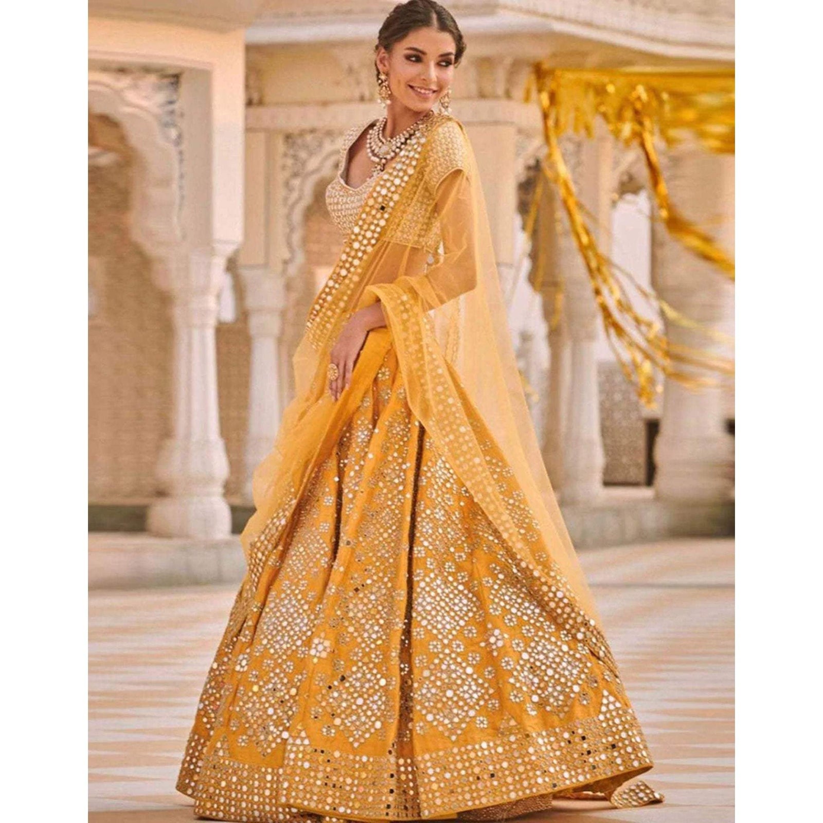 Designer Yellow Malai Silk Lehenga Choli with Heavy Embroidery and Mirror Work ClothsVilla