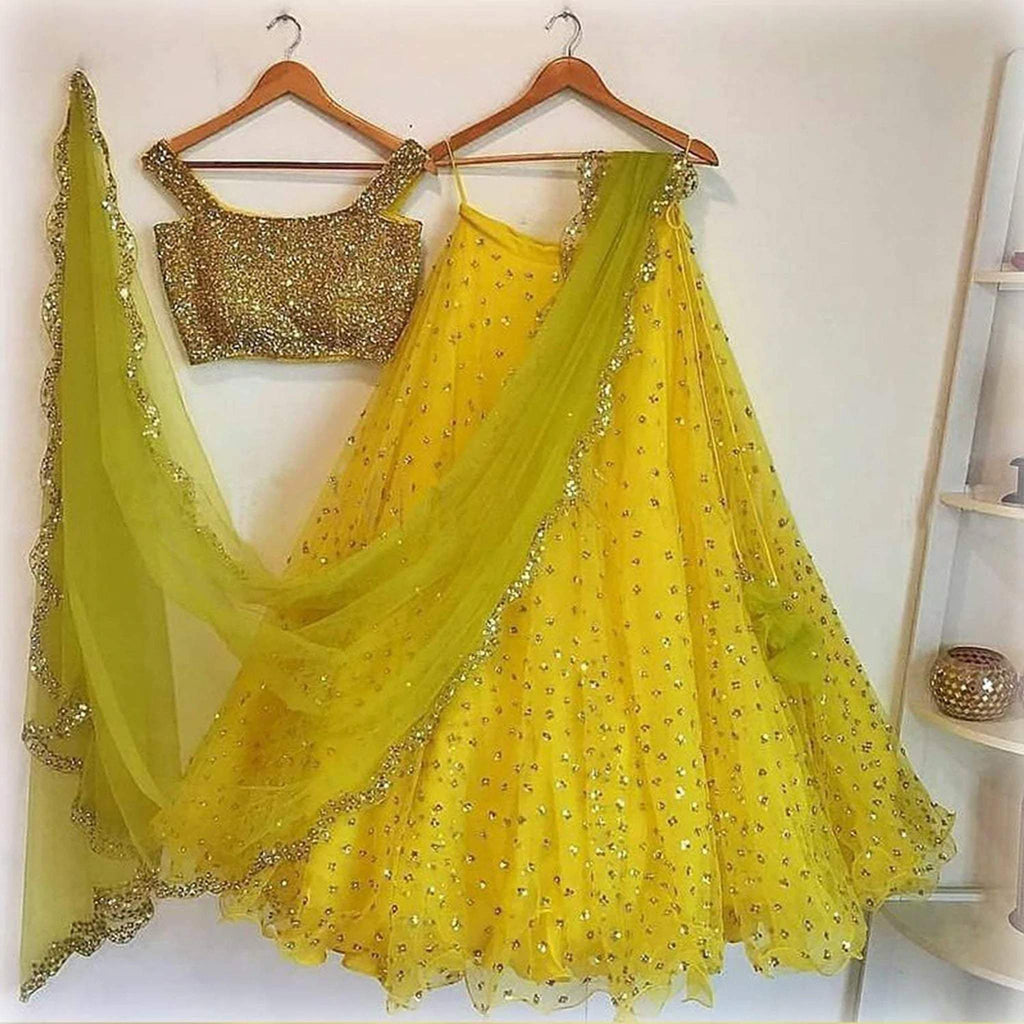 Designer Yellow Soft Net Lehenga Choli with Sequence Blouse and Readymade Dupatta ClothsVilla