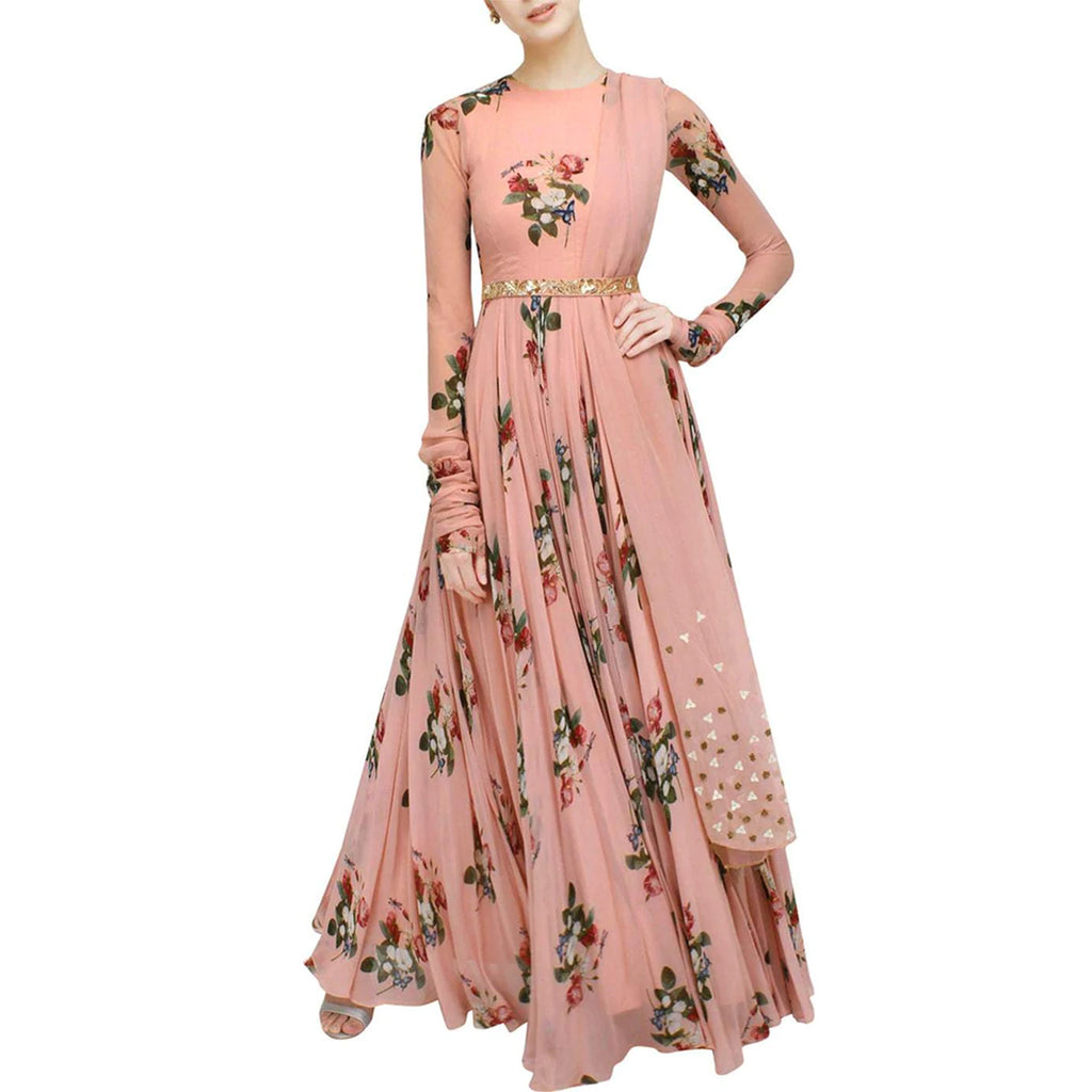 Embroidered Designer Wear Peach Digital Floral Printed Gown ClothsVilla