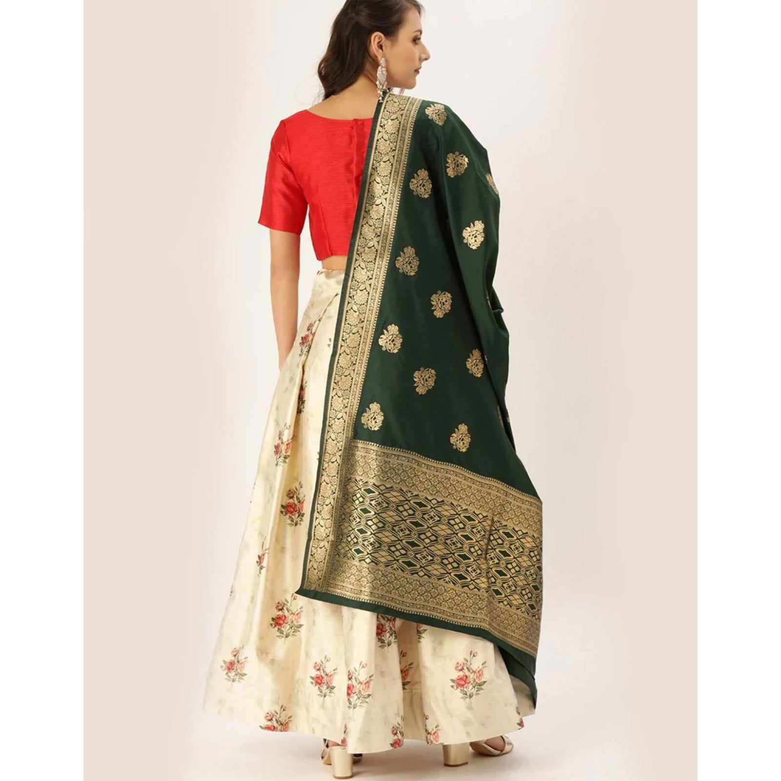 Floral Design Off White Lehenga With Banarasi Silk Dupatta ClothsVilla